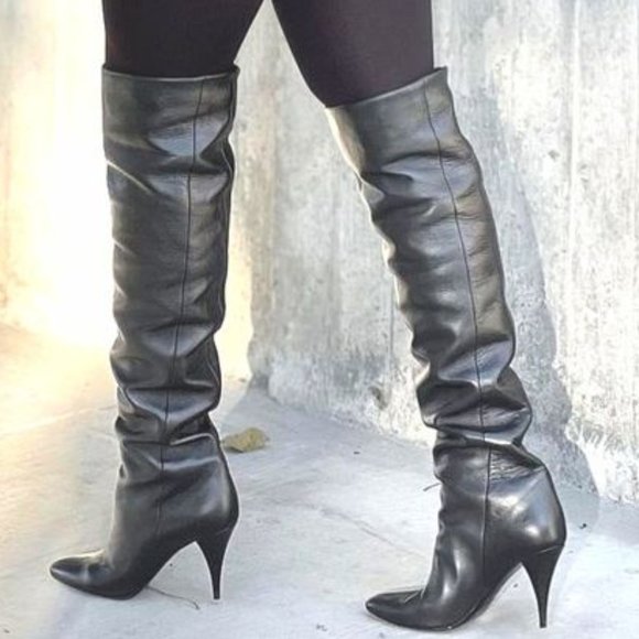 SAINT LAURENT KIKI 90mm Black Leather Over The Knee Heel Boots 40 - Picture 8 of 13